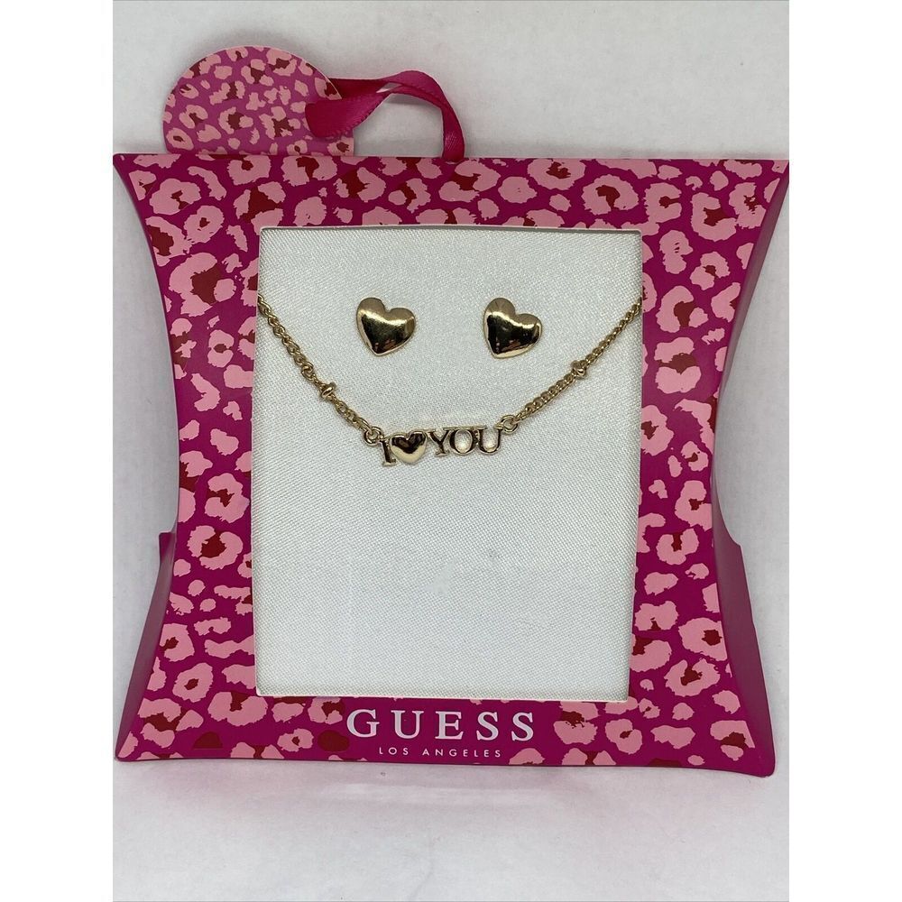 Guess A11913-21 Gold-Tone I Heart You Collar Necklace & Earrings MSRP $25 G29